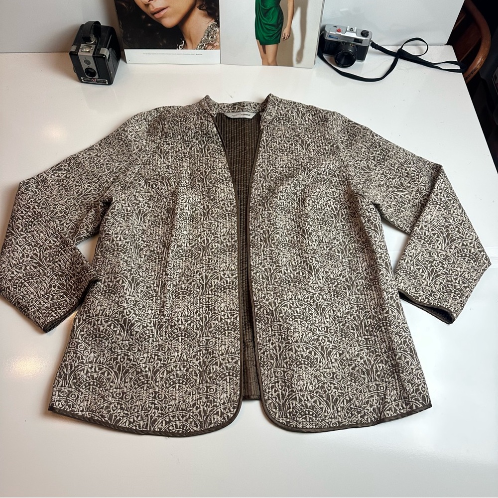 Silk Open-Front Jacket Topper | Brown Ivory Pattern | Plus Size 18 20